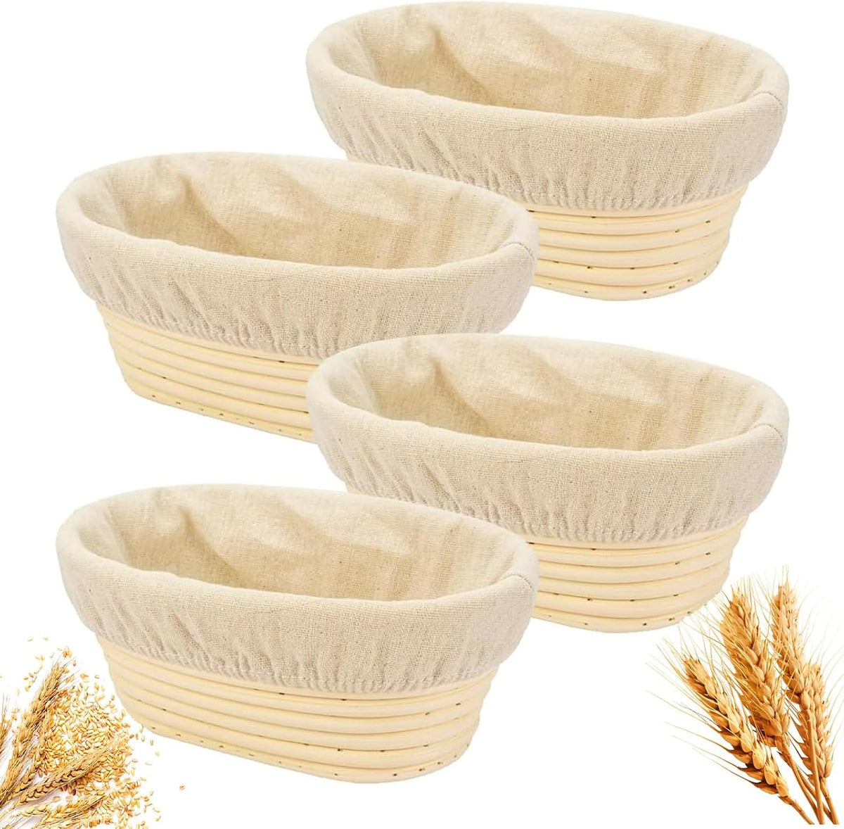 Banneton Bread Proofing Basket - Banneton Basket Set of 4 Pack 10 inch Oval Sourdough Proofing Basket with Liner - Handmade Rattan Proofing Rising Bowl for Artisan Bread Making Baking Supplies