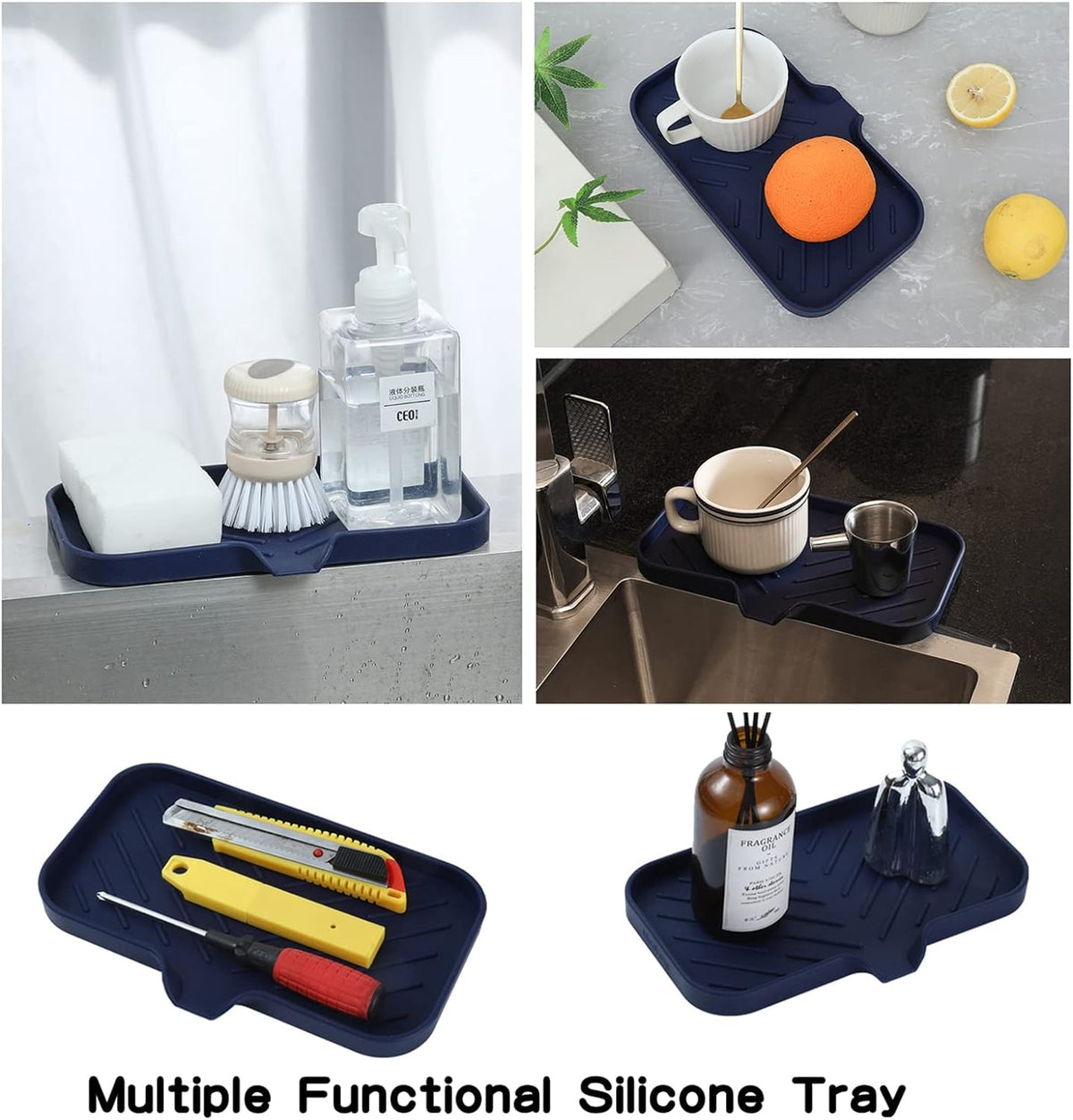 Silicone Bathroom Soap Dishes with Drain Spout-Kitchen Sink Organizer,Sponge Holder,Dish Soap Tray,Perfect for Dispenser,Scrubber,Bottle,Cup on Sink or Counter-Navy Blue 9.6"×5.3"
