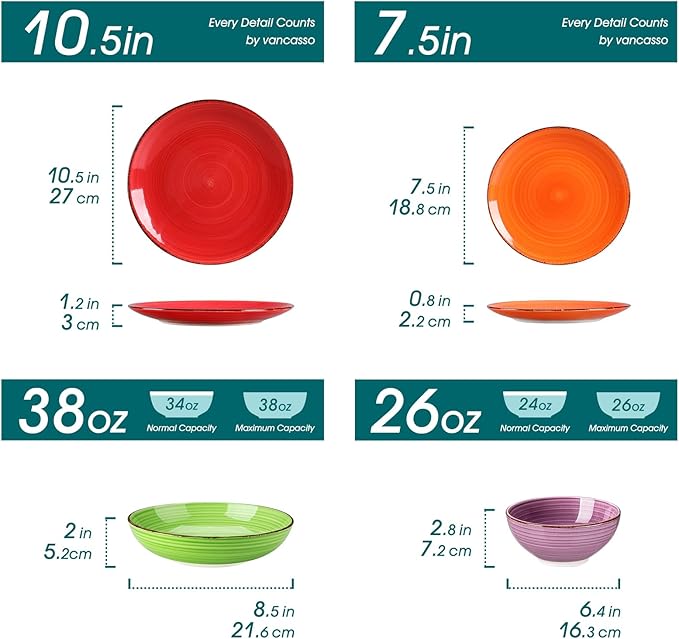 vancasso Bonita Dinnerware Sets, 24 Pieces Multicolor Stoneware Dinner Set for 6, Handpainted Spirals Pattern Ceramic Plates and Bowls Sets Kitchen Plate Set