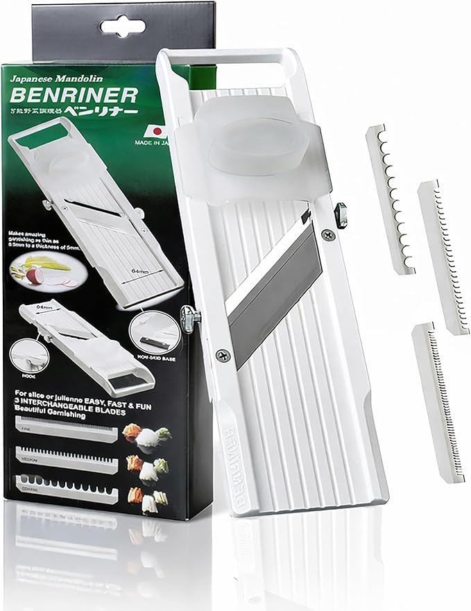 Benriner Japanese Mandoline Slicer – Vegetable Slicer with 4 Stainless Steel Blades, BPA-Free Adjustable Vegetable Cutter – Official US Version with Authentic Retail Packaging