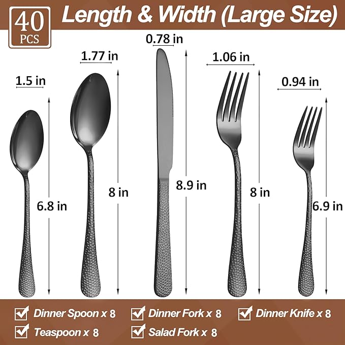 40 Pcs Black Silverware Set for 8 with Hammered Design, Food Grade Stainless Steel Flatware Set, Eating Utensils Sets Include Fork/Knife/Spoon, Cutlery Set, Dishwasher Safe