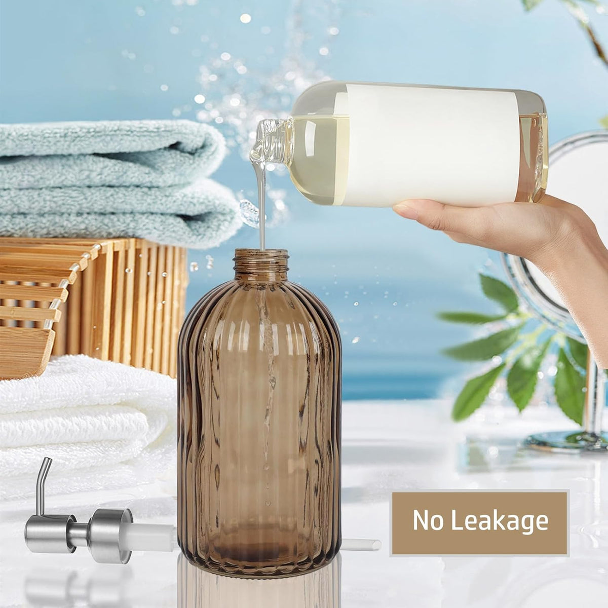 14Oz Brown Soap Dispenser Bathroom, Clear Glass Hand Soap Dispensers with Stainless Steel Pump, Refillable Dish Soap Dispenser for Kitchen, Countertop Soap Dispensers