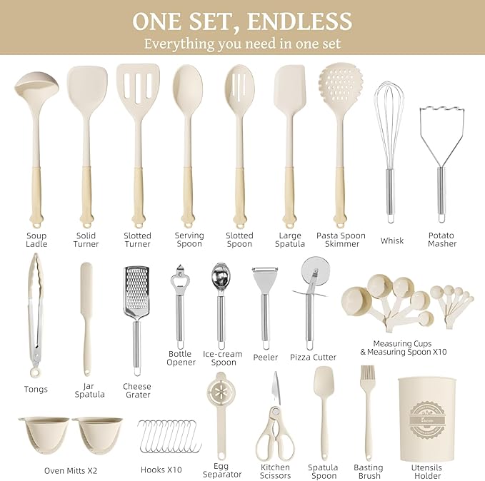 Kikcoin 43Pcs Large Kitchen Utensils Set - Silicone Cooking Utensils Set, Dishwasher Safe Spatula Set for Non-stick Cookware, 446°F Heat Resistant Kitchen Utensils Set with Holder BPA Free, Cream