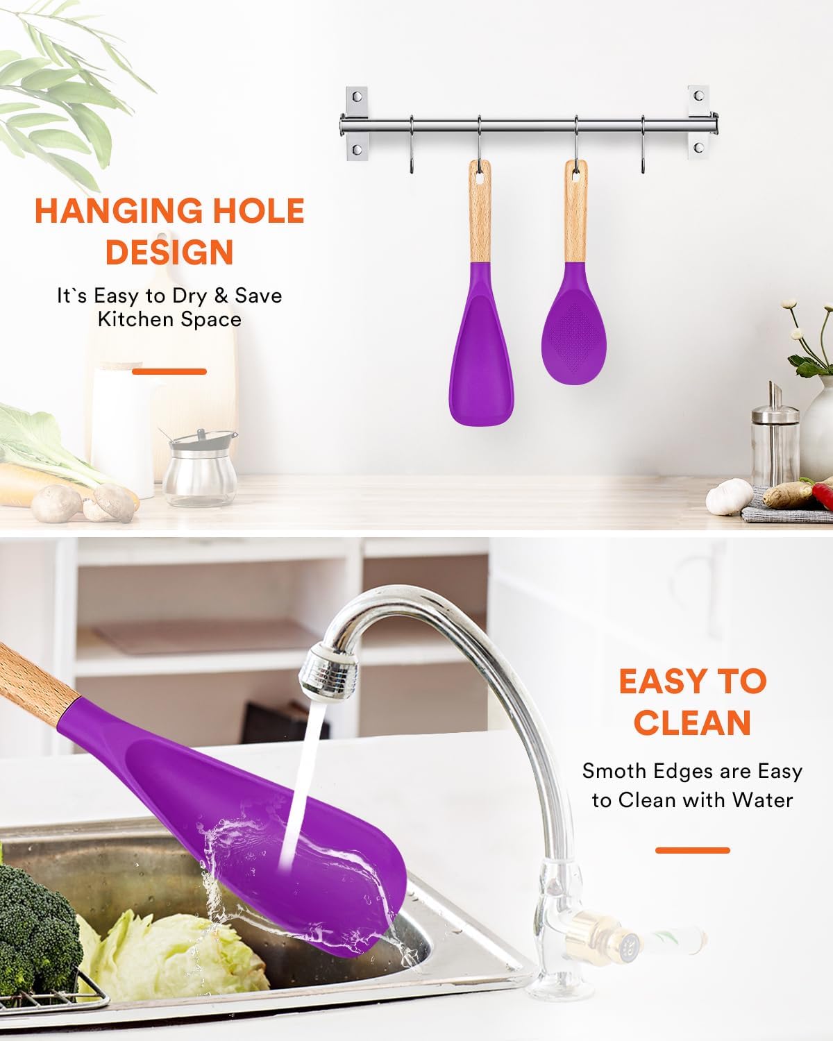 Cooking Spoon and Rice Scooper for Nonstick Cookwares, Great for Cooking and Serving Sturdy BPA-Free Matte Silicone, Wood Handle Spoon for Mixing, Scoop, and Scrape (BERRY)