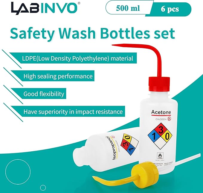 Safety Wash Bottles, Vol.500ml, 6PCS of Lab Rinse Squeeze Bottles, Printed Acetone, Ethyl Alcohol, Methanol, Isopropanol, Distilled Water, Sodium Hypochloride, LDPE Material, IN-WBS001