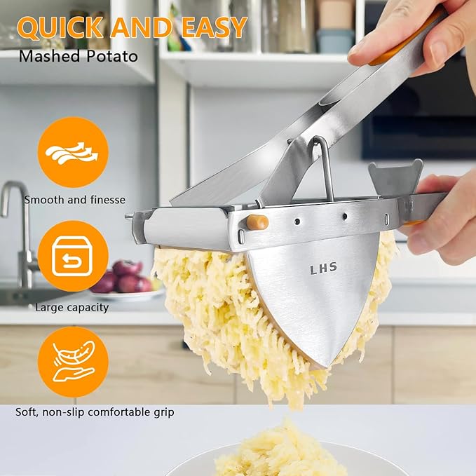 LHS Stainless Steel Potato Ricer and Masher, Heavy Duty Commercial Food Masher, Ergonomic Comfort Grip, Extra Large Capacity, Dishwasher Safe (Orange)