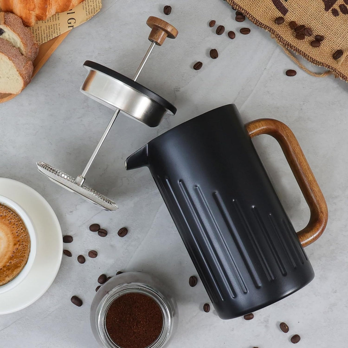 Rorence 34oz French Press Coffee Maker, Coffee Press with Real Wood Handle & Plunger Head, Double Wall Insulation & Dual-Filter Screen, incl. replaced filters & instructions, Black