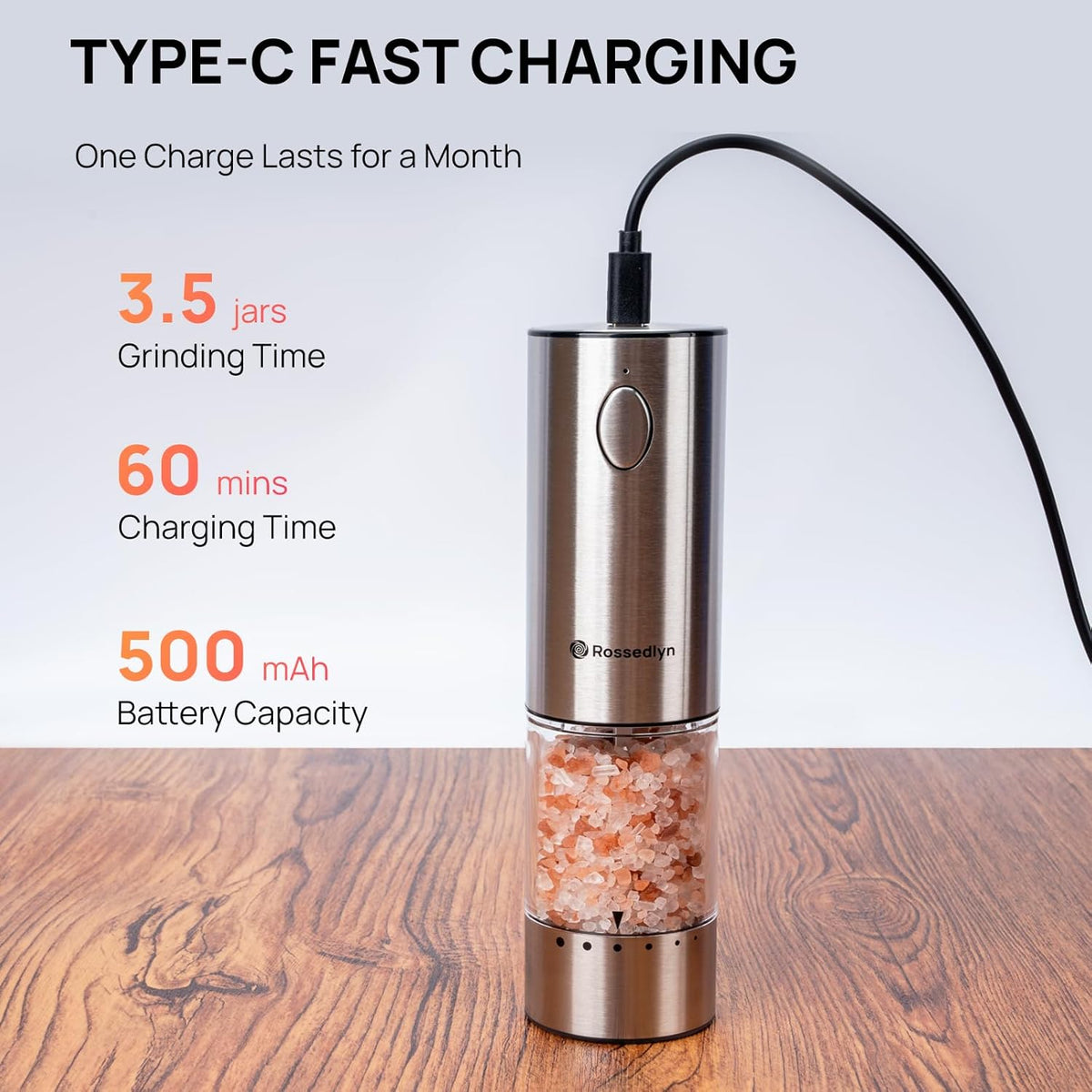 Upgraded Larger Capacity Electric Salt and Pepper Grinder Set Rechargeable with LED Light, Stainless Steel Refillable Pepper Mill Set with 6 Adjustable Coarseness for Kitchen, Outdoor, BBQ