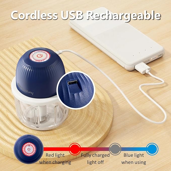Mini Food Processor Cordless, 250ml Small Garlic Chopper 1 Cup, Battery USB Rechargeable Electric Food Chopper Wireless, Portable Vegetable Meat Blender Kitchen Mixer for Onion, Salad, Baby Food(Blue)