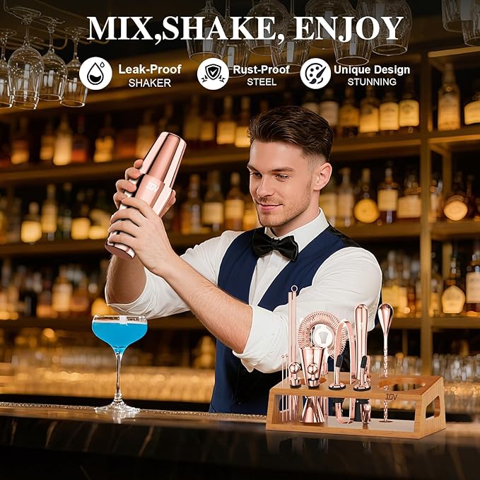 IOV Mixology Bartender Kit Bar Set with Stand | 17-Piece Cocktail Shaker Set | 28oz Boston Shaker Drink Mixer Set with All Essential Accessory Tools | Fun Housewarming Gift (Rose Gold)