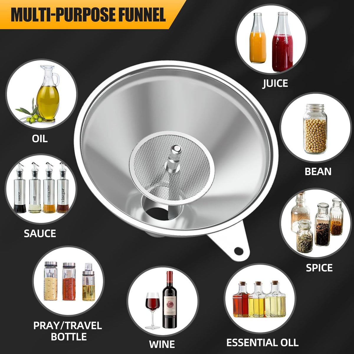 3 Pack Stainless Steel Kitchen Funnel Set,funnels for Kitchen use Filling Bottles, 2 Size Spouts Funnel and Strainer for Filling Different Bottles and Bags