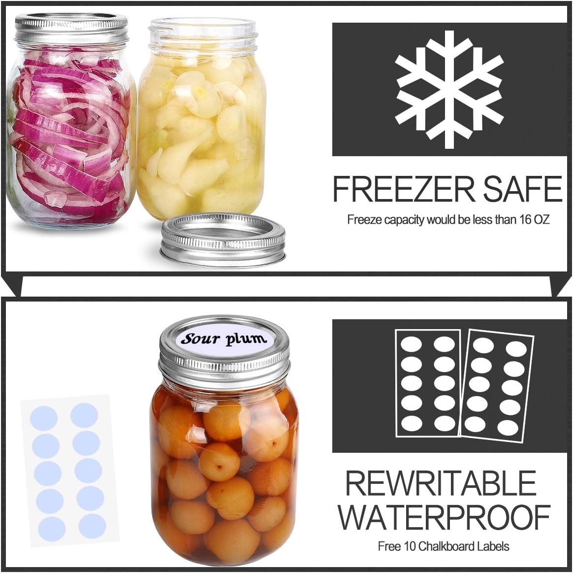 KAMOTA Mason Jars 16 OZ With Regular Lids and Bands, Ideal for Meal Prep, Jam, Honey, Wedding Favors, Shower Favors, Baby Foods, DIY Magnetic Spice Jars, 8 PACK, 10 Whiteboard Labels Included