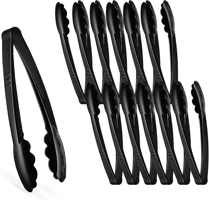 [Black Tongs 7.5'' Inches] Plasticpro 7.5'' Serving Tongs Heavy Duty Reusable Kitchen and BBQ Black Serving Tong for party's, Caterings, Events, Buffet, Weddings, And every Day use Pack of 12