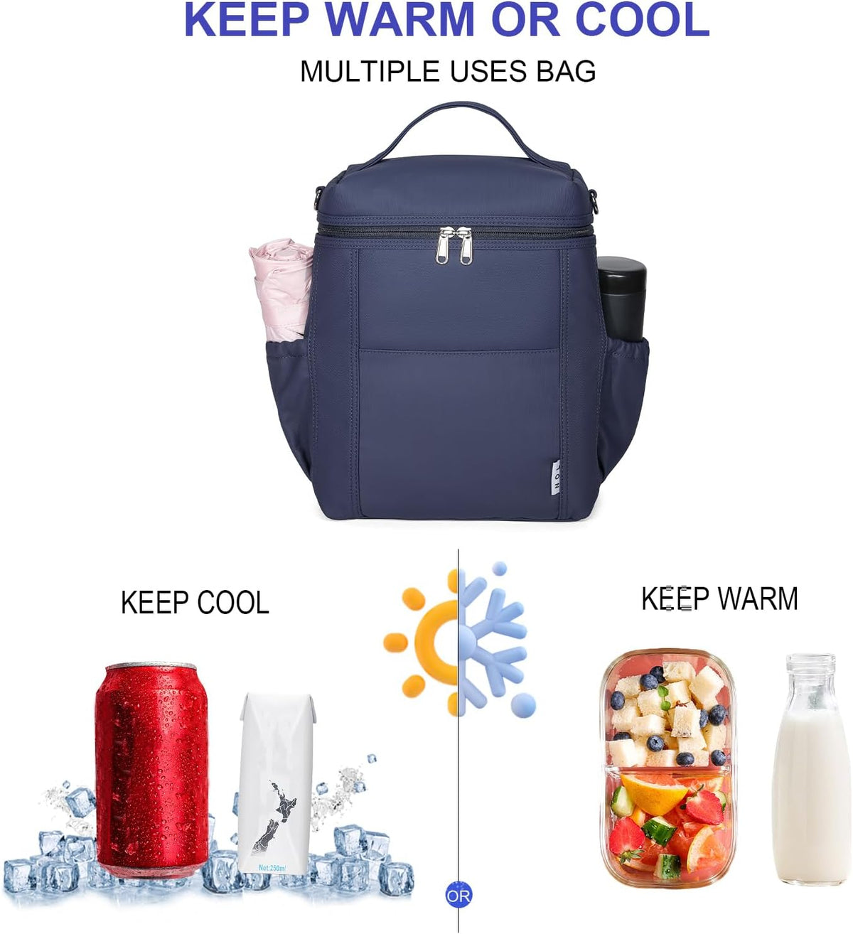 NOL Natural Organic Lifestyle Insulated Lunch Bags for Women Cooler Bag Lightweight Nylon Waterproof Lunch Box For Work (Navy blue, Large)