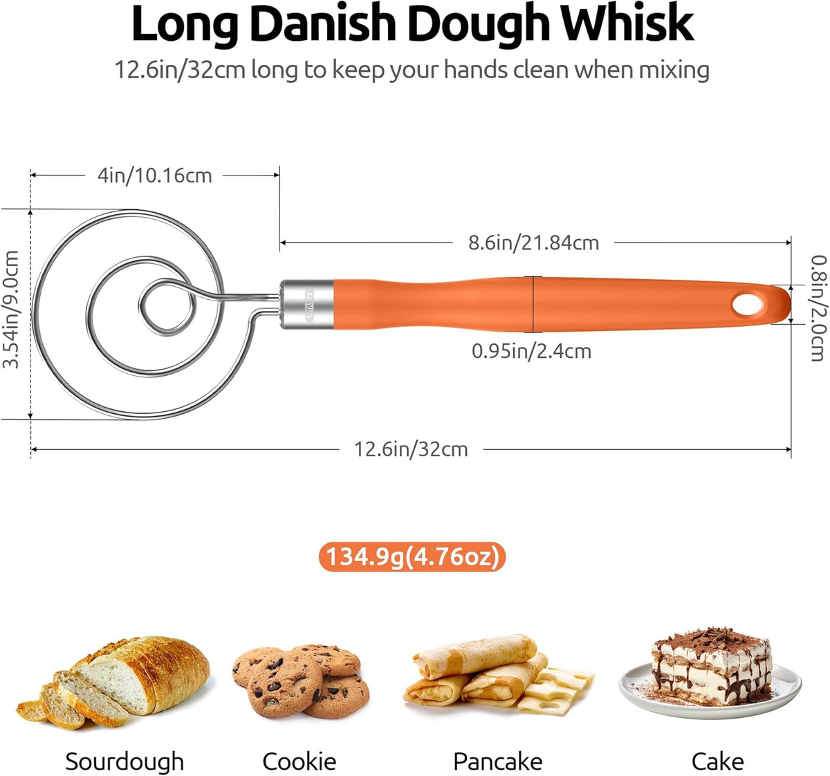 U-Taste 12.6in Danish Dough Whisk: 18/8 Stainless Steel Heavy-Duty Sourdough Mixer Tool, Food Grade Dutch Style Seamless Bread Wisk, Sturdy for Mixing, Stirring, Kneading Thick Batter (Orange)