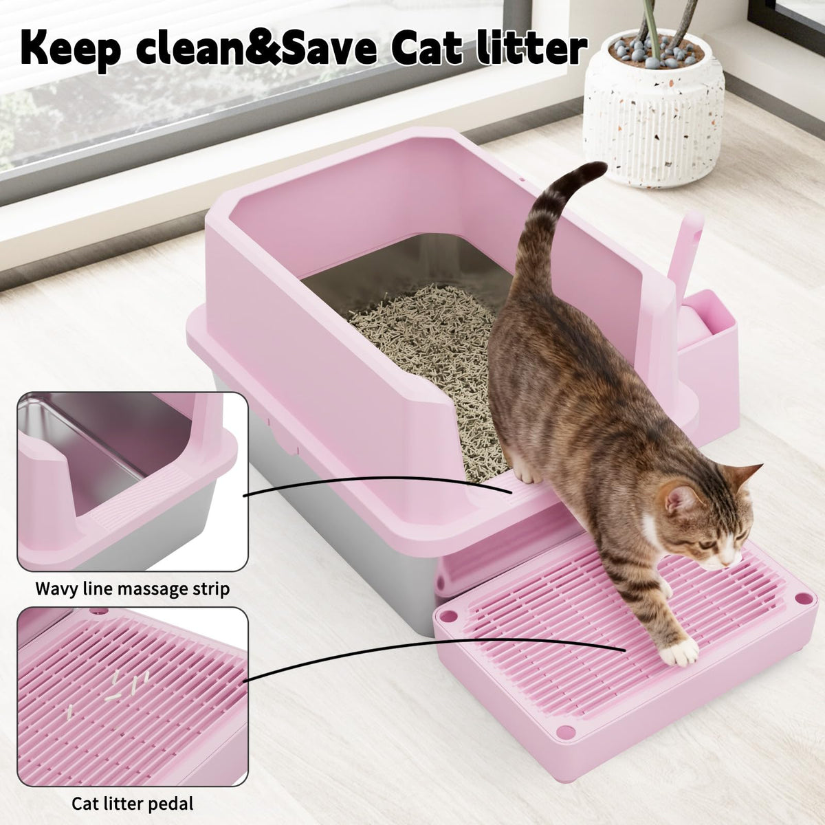 RIZZARI Cat Litter Box Anti-Scatter: Open-Room for Large Cats & Multi-Home