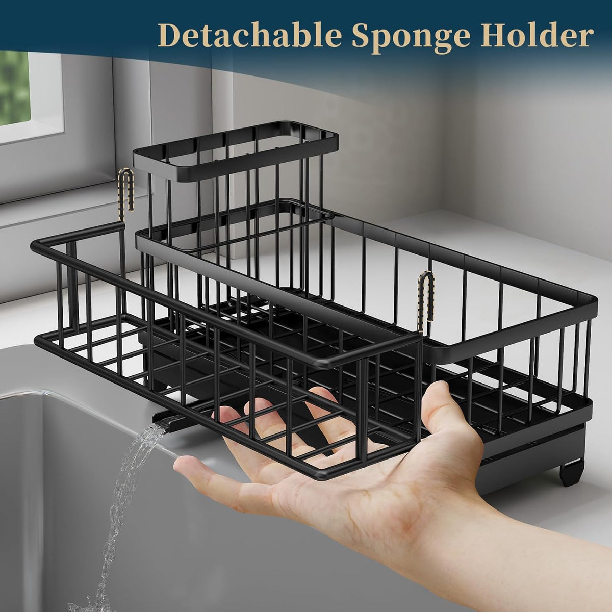 Consuemst Sponge Holder for Kitchen Sink - Auto Draining Sink Caddy Organizer with Detachable Rack, High Brush Holder, Kitchen Countertop Storage Accessories, Black