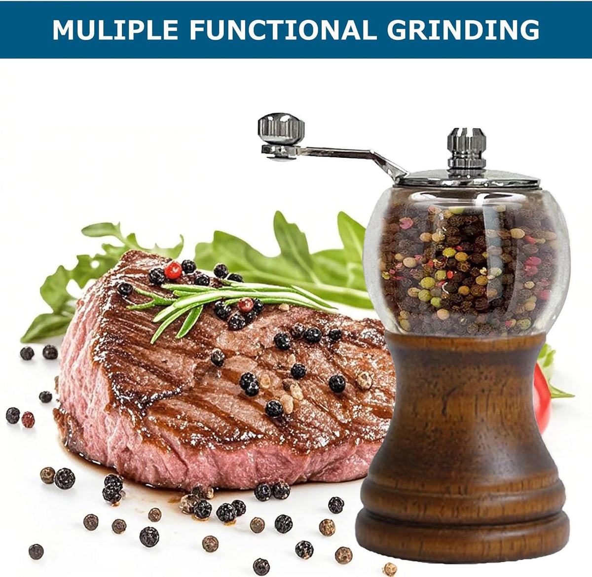 Salt and Pepper Grinder Set, Manual Pepper Grinder with Crank Handle, Adjustable Coarseness Pepper Grinder, Refillable for Sea Salt Black Pepper, Enjoy Fresh Ground Pepper Salts & Spices, Black-2-5in