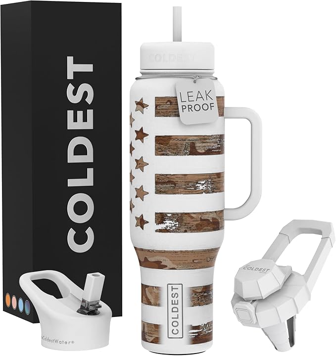 Coldest Tumbler with Handle and Straw - 100% Leak Proof Insulated Tumbler with Lid and Straw (3 Lids) - Stainless Steel Tumblers for Women & Men - Cup Holder Friendly Base, 46 oz (The Patriot)