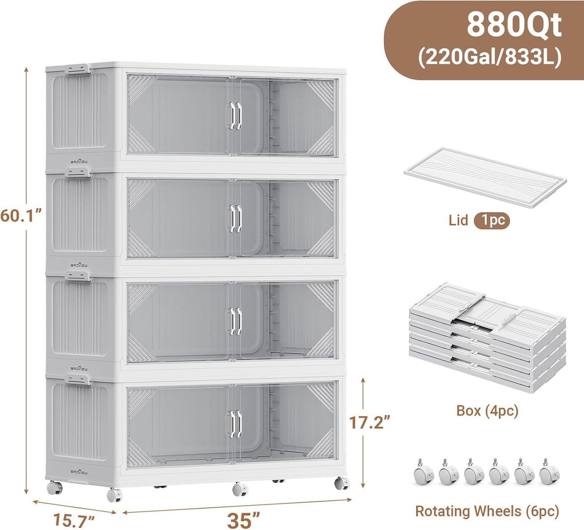 220Gal Plastic Stackable Storage Bins with Lid, 880QT Extra Large Closet Organizers Collapsible Cabinets Boxes With Drawers, Foldable Containers with 6x Wheels for Home Kitchen, V60 4Pack White