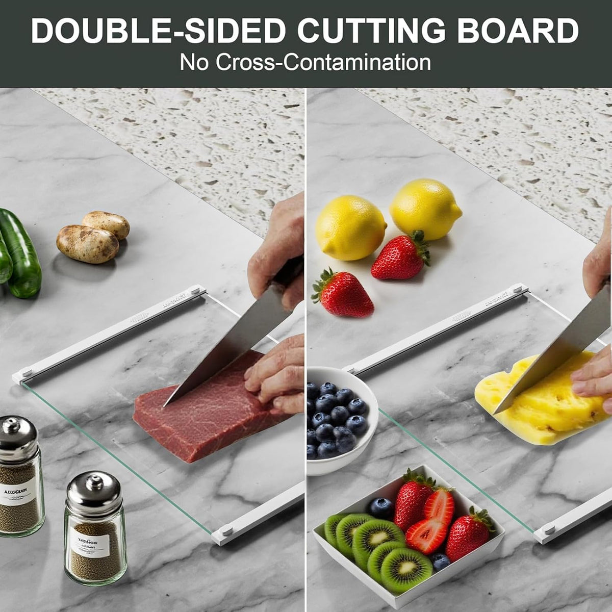 2PCS Glass Cutting Board with Silicone Grip, 80% Stronger Shatter Resistance and Slip Resistance,No Scratches/Microplastic-Free,Dishwasher Safe, Non Toxic Cutting Board for Kitchen-White