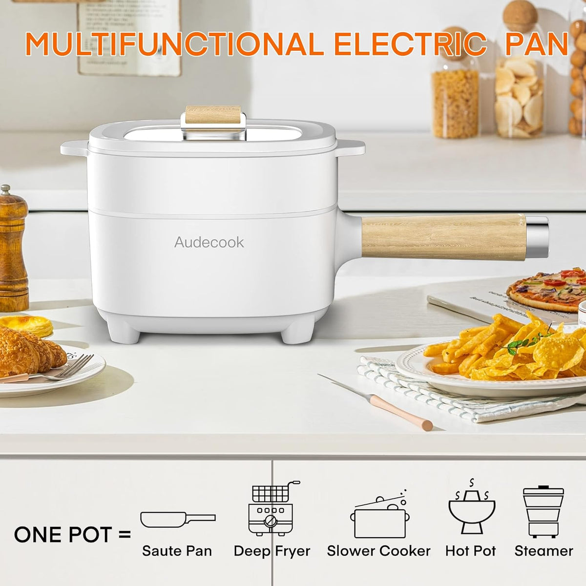 Audecook Hot Pot Electric 2L, Cermic Glaze Non-Stick Frying Pan 8 Inch, Portable Travel Cooker for Ramen/Steak/Fried Rice/Oatmeal/Soup, with Dual Power Control (Silicone Spatula Included)