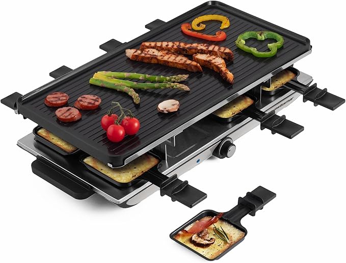 Swissmar Geneva Raclette Grill with Reversible Cast Aluminum Grill Top - Perfect for outdoor & Indoor Electric Raclette Grill & Griller - Barbeque Bonding - 8-Person