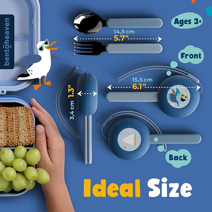 Bentoheaven Kids Travel Utensils with Case, Food-Grade Stainless Steel & BPA-Free Plastic, Travel Kid Cutlery Set, Dishwasher Safe Fork, Spoon & Case, Reusable Flatware, Silverware for Kids (Shark)
