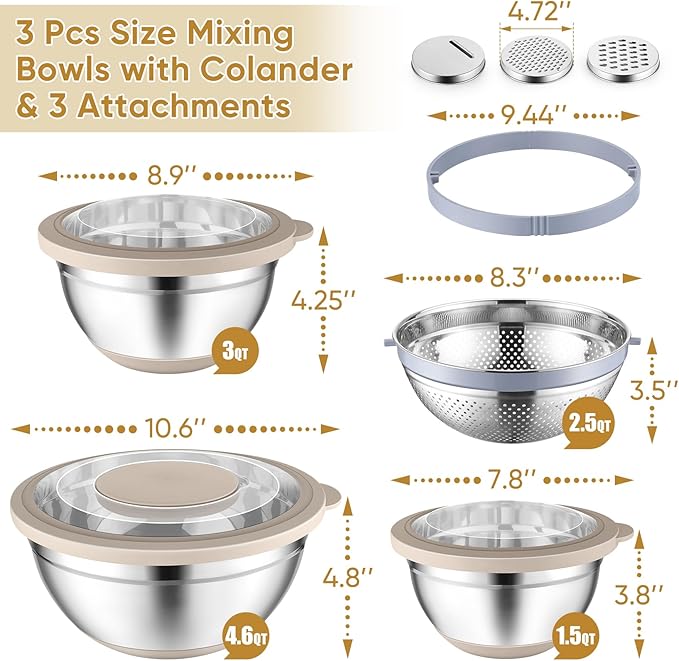 P&P CHEF Mixing Bowls with Lids Set of 3, Stainless Steel Mixing Bowl and Colander for Kitchen, 3 Grater Attachments & Non-Slip Bottoms, Visible & Airtight Lid, Khaki