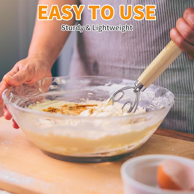 ALLTOP Danish Dough Whisk - Ultimate Dutch Mixer Hand Utensil with Stainless Steel Dough Hook - Essential Sourdough Stirring Stick for Perfect Bread Making Tool