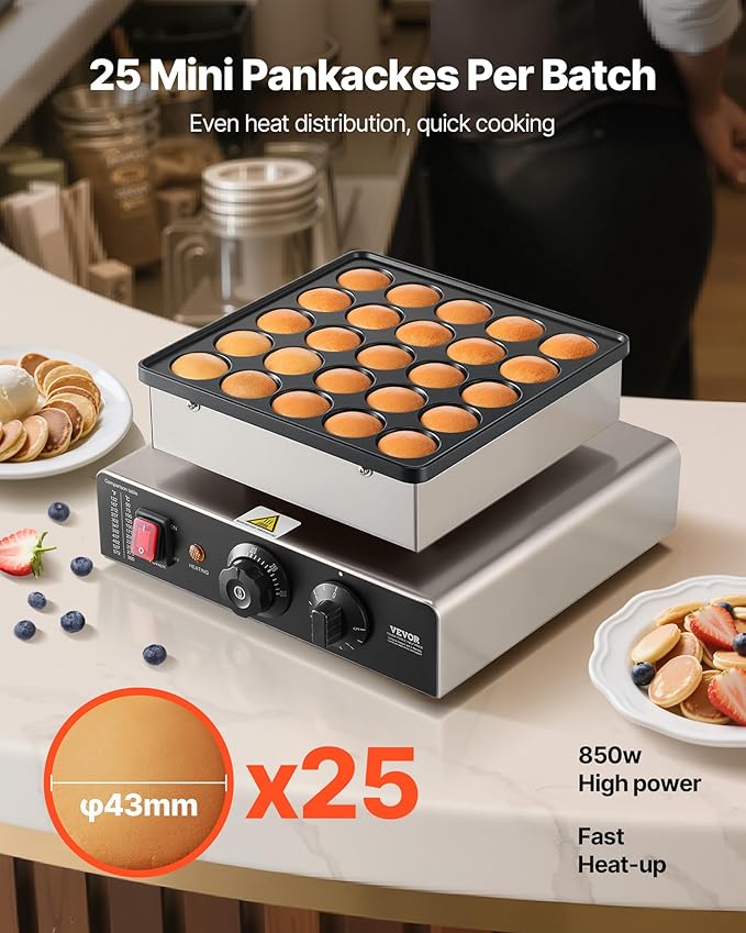 VEVOR Mini Pancake Maker, 25PCS 43mm Diameter Dutch Muffin Waffle Baker, Non-stick Stainless Steel Poffertjes Grill, Commercial Electric Dorayaki Machine, Temp & Time Control, Home Kitchen Restaurant