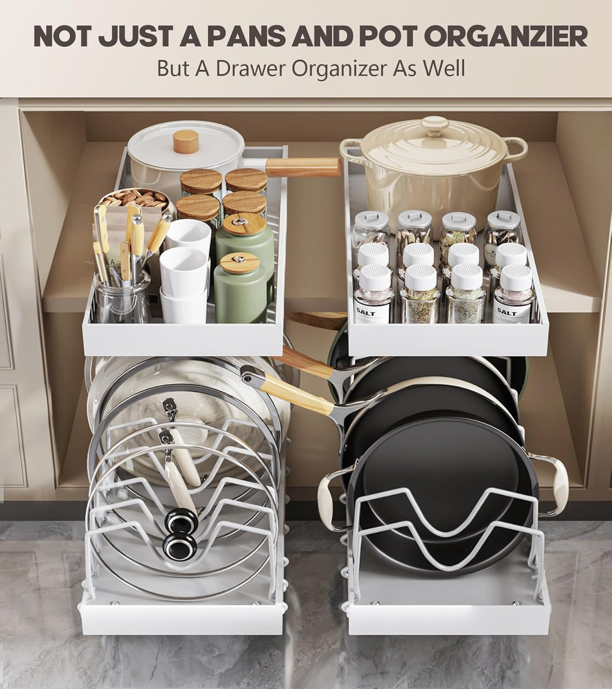 Pull Out Pots and Pans Organizer Under Cabinet, Sliding Lid Holder and Pan Rack in Kitchen, Slide Out inside Cabinet Storage for Pot Lid, Bakeware, Dishes, 6 Adjustable Dividers, 1 Pack White