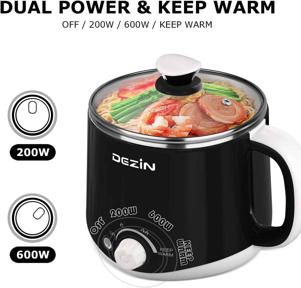 Dezin Hot Pot Electric with Steamer, Rapid Noodles Cooker, Stainless Steel Electric Pot 1.6 Liter, Perfect for Ramen, Egg, Dumpling, Soup, Oatmeal with Temperature Control and Keep Warm Function