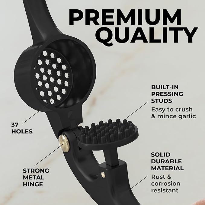 Zulay Kitchen Premium Garlic Press - Durable Garlic Masher with Soft, Easy to Squeeze Handle - Garlic Mincer Tool - Sturdy Easy to Clean Garlic Crusher (Black)