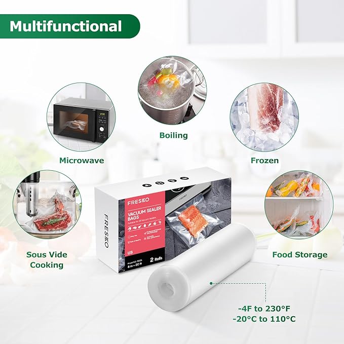 FRESKO 8"x20' Vacuum Sealer Bags for Food, 2 Rolls Customized Size Storage Bags with BPA Free, Heavy Duty Food Bags for Meal Prep and Sous Vide Cooking