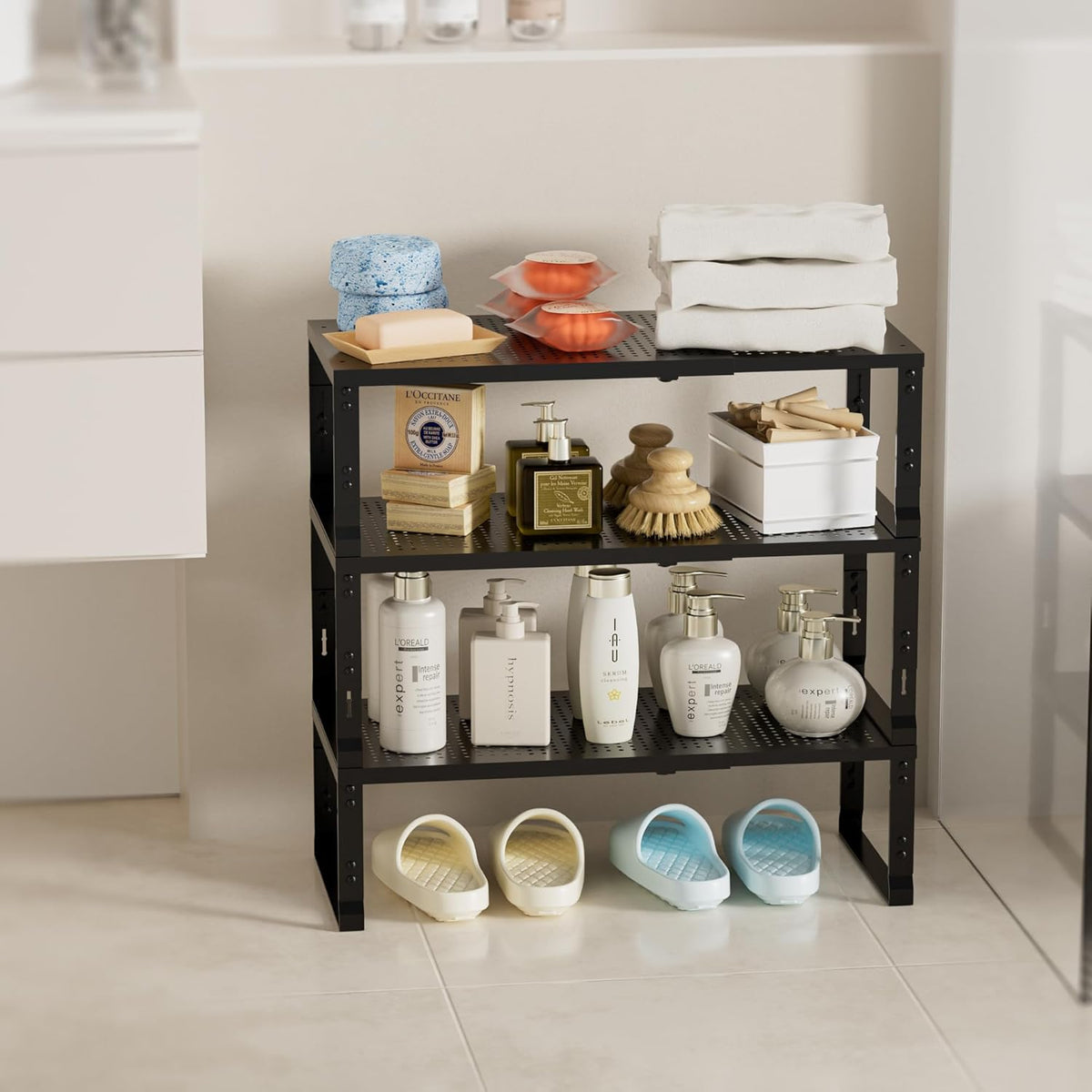 Expandable Spice Rack,Stackable Storage for Cabinet, Multi-Functional Kitchen Shelving,Height-Adjustable,Sustainable Organizer Solution(2Packs/Black/Medium)