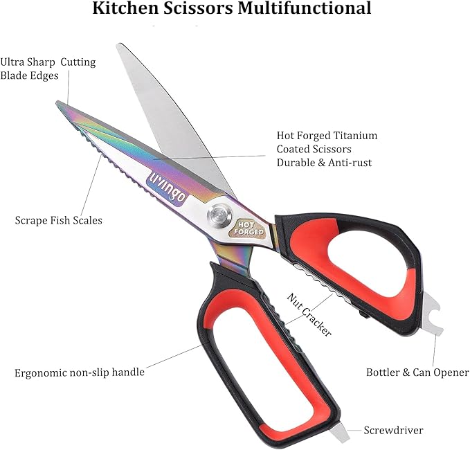 LIVINGO Heavy Duty Kitchen Shears - Titanium Coated Hot Forged Sharp Multipurpose Stainless Steel Utility Shears for Household Culinary Food Cutting Chicken Meat Cooking, Dishwasher Safe, 9.5 Inch