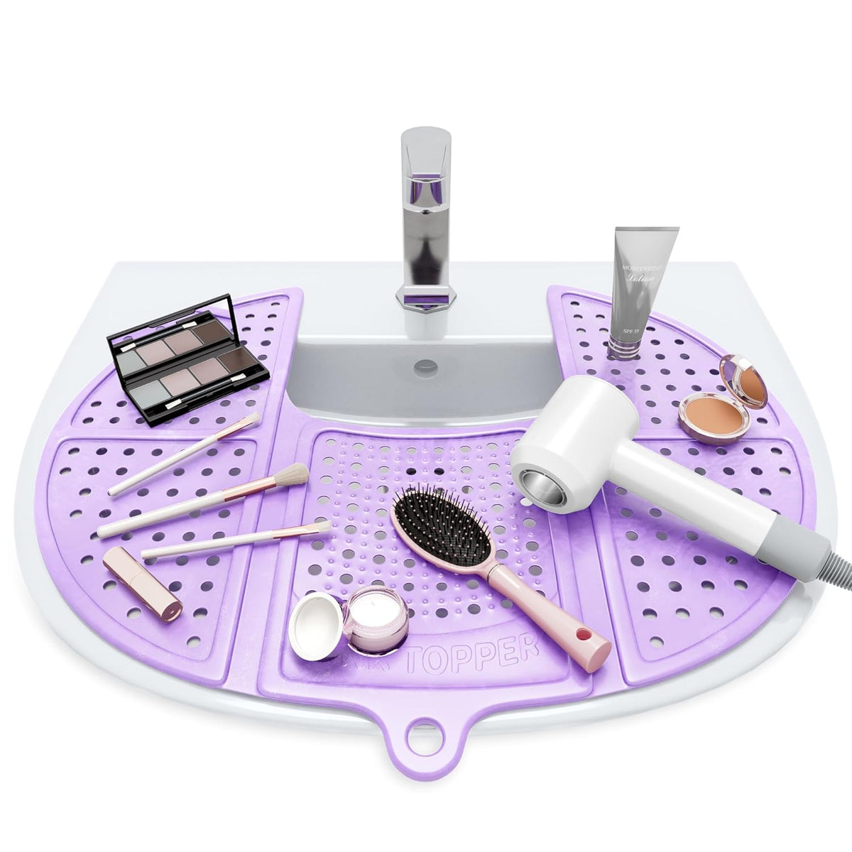 Sink Topper Bathroom Counter Cover & Storage Saver, Foldable Silicone Mat for Hot Tools, Hair Styling & Makeup, Beauty Brush Cleaning Mat, RV Camper Sink Cover & for Small Spaces (Standard Lavender)