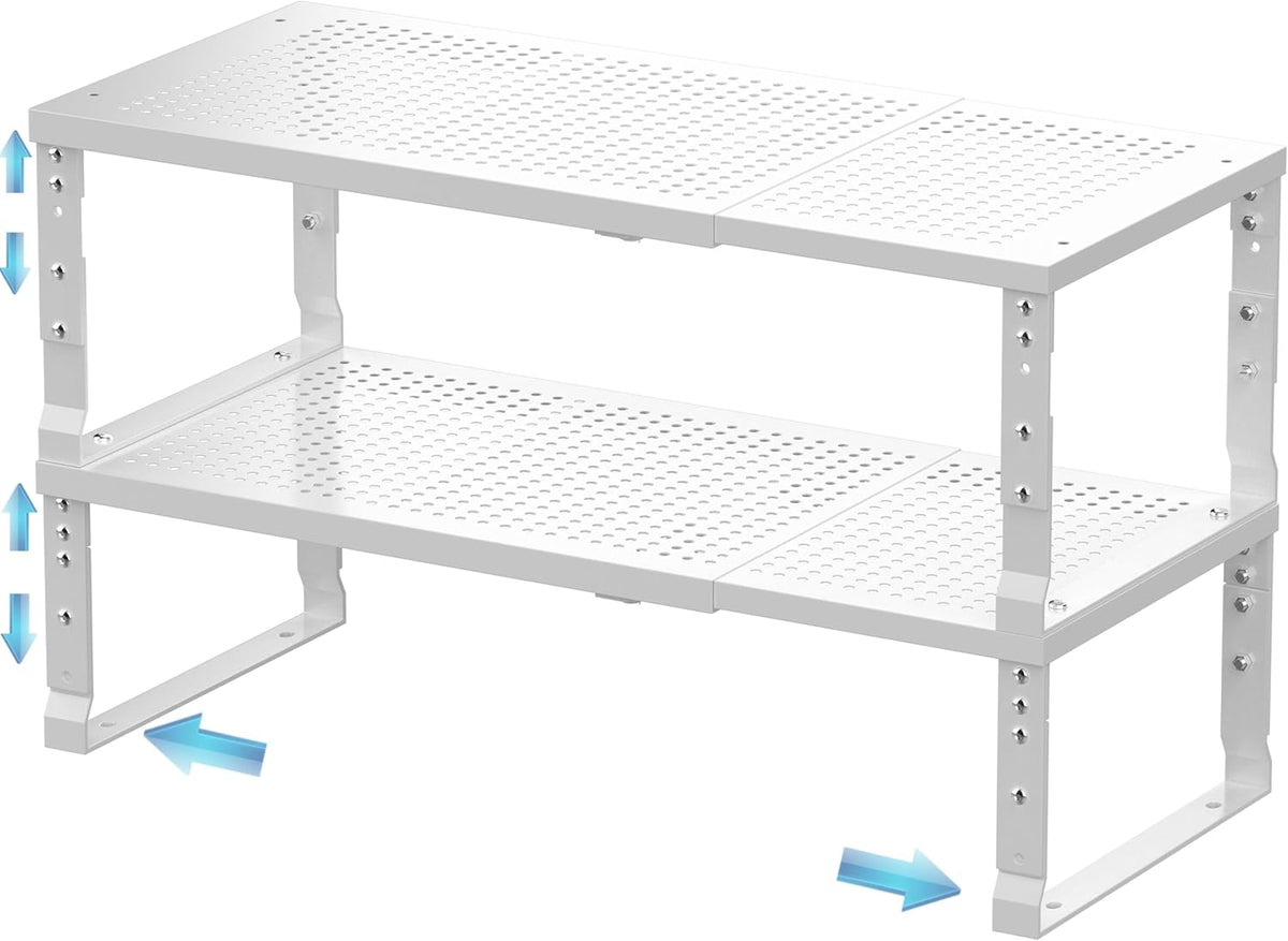 Expandable Spice Rack & Kitchen Cabinet Organizer - Stackable, Adjustable Shelves for Cabinets, Countertops, Cupboards & Pantries(2 Packs/Medium/White)