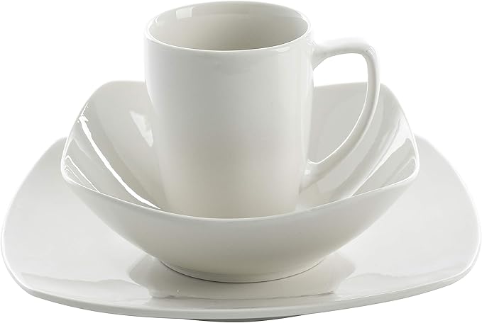 Gibson Home Amelia Court Porcelain Chip and Scratch Resistant Dinnerware set, Service for 4 (12pcs), White (Soft Square)