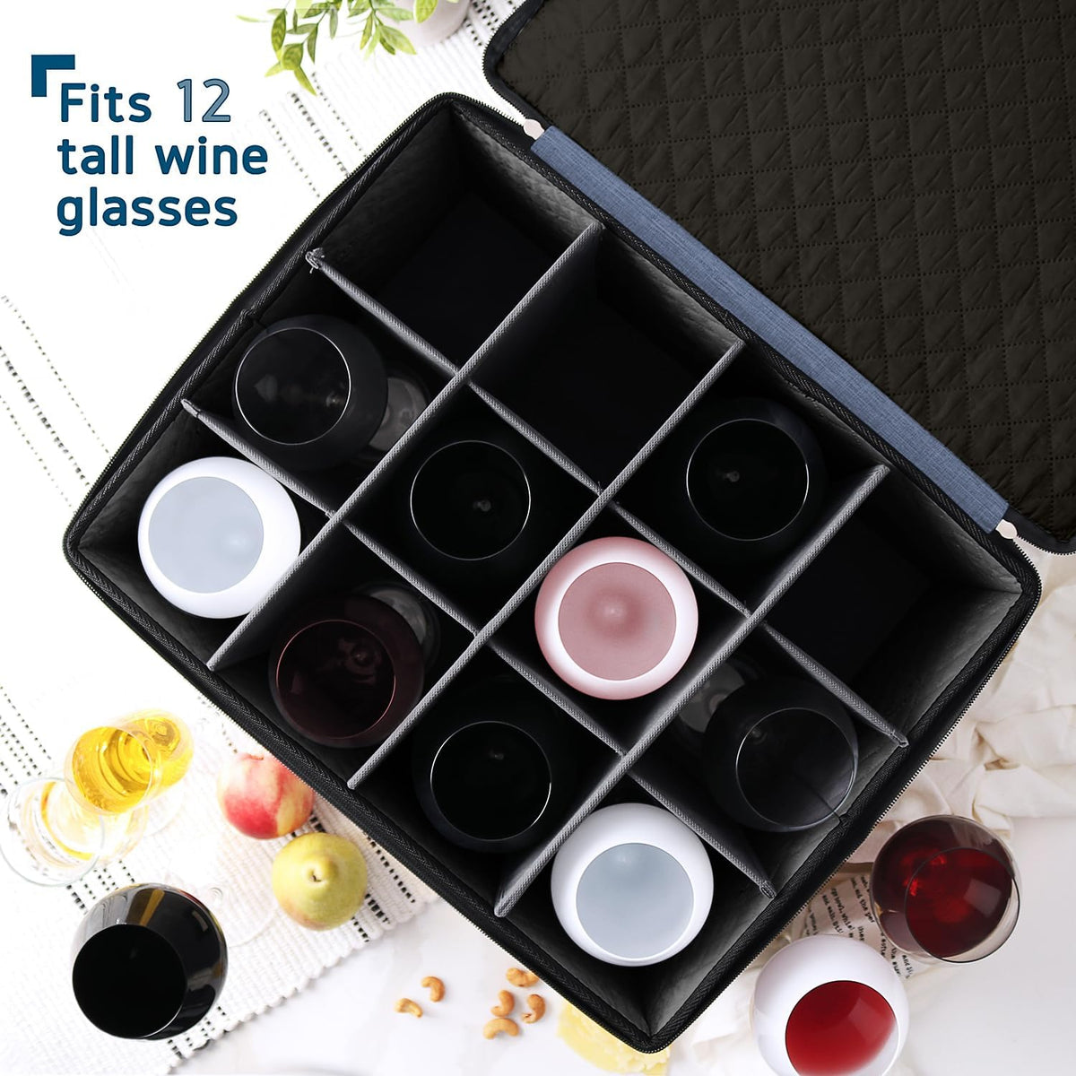 Hearth & Harbor Wine Glass Storage Box with Dividers, Quilted and Stackable Stemware Storage Cases, Service of 12 Glass China Container Hard Shell for Moving and Organization, Blue