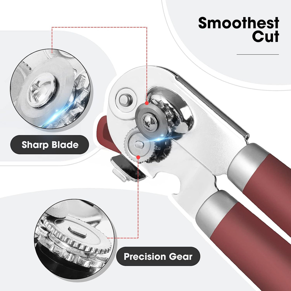 Beneno Can Opener Manual with Magnet, Hand Held Heavy Duty Can Opener with Durable Sharp Blade Smooth Edge, Big Effort-Saving Knob, Soft Grip Rubber Handle, Multifunctional Bottle Opener, Red