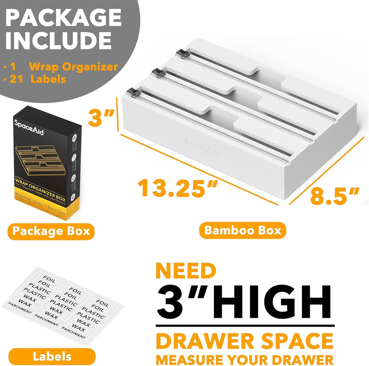 SpaceAid WrapNeat 3 in 1 Wrap Organizer with Cutter and Labels, Plastic Wrap, Aluminum Foil and Wax Bamboo Dispenser for Kitchen Storage Organization Holder for 12" Roll (White)