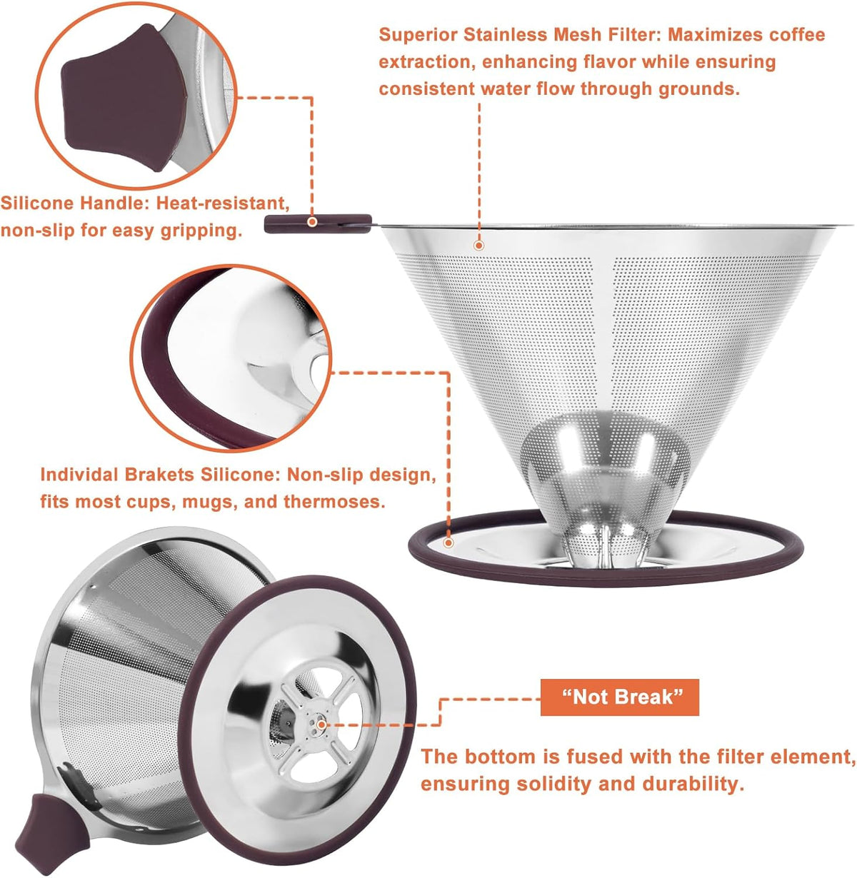 Pour Over Coffee Dripper, Paperless Pour Over Coffee filter, Stainless Steel Reusable Coffee Filters with Double Layer Mesh, Coffee Strainer Cup Stand & Cleaning Brush
