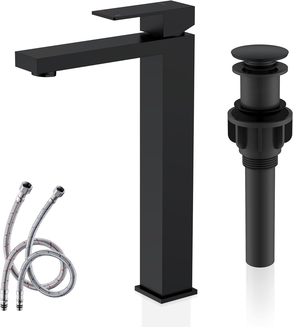 KENES Matte Black Bathroom Faucet Single Handle Tall Vessel Sink Faucet Vanity Bathroom Faucet Basin Mixer Tap with Water Supply Hose and Pop Up Sink Drain, LJ-9031A-2