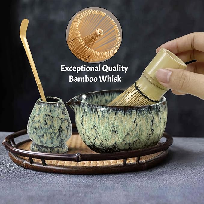 Matcha Whisk Set 6 pc Kit - Traditional Japanese Chasen, Bamboo Whisk Holder, Ceramic Bowl with Spout, Sifter & 2 pc Spoons - matcha kit set, Gift for Matcha Tea Lovers(Quenching Blue)