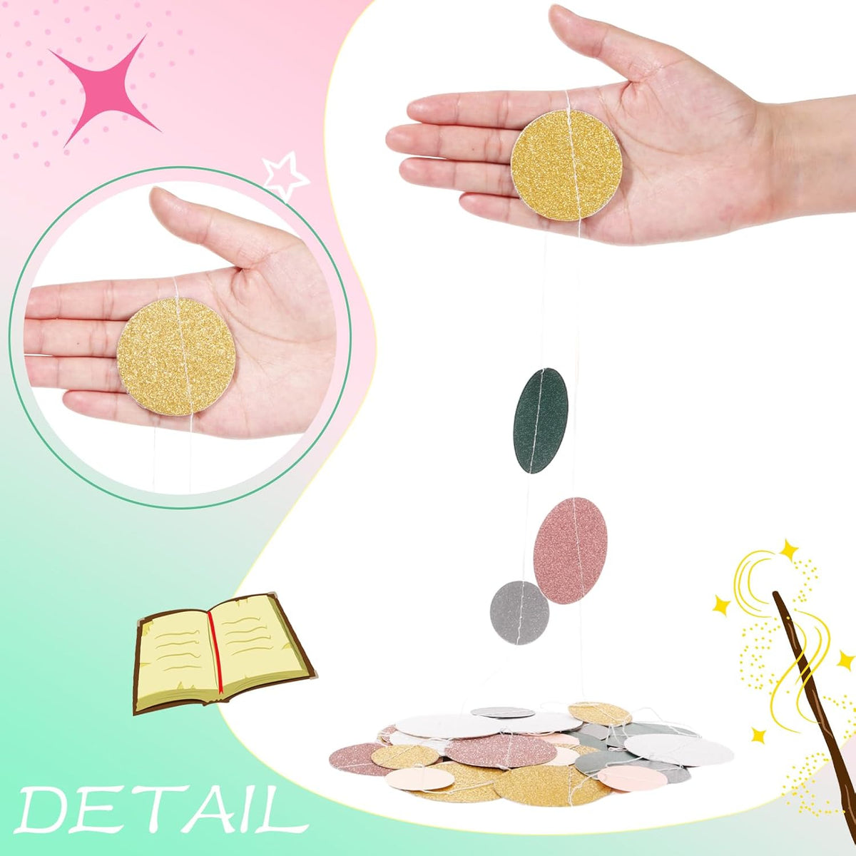 Outus 5 Pieces Colorful Dots Paper Garland Round Glitter Garland Hanging Confetti Streamers Backdrop Decoration for Birthday Classroom Candy Sprinkles Trunk or Treat Party (Sage Green,Pink,Gold)