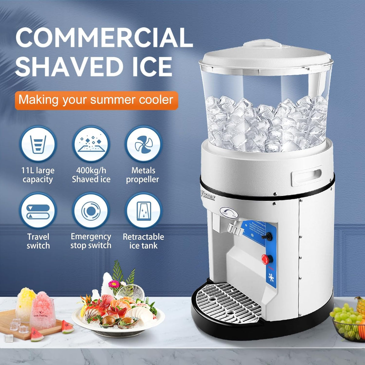 400W Commercial Snow Cone Machine with Safety Switch & Emergency Button, 1058lbs/ Hr Rotate Speed & Strong Power Tabletop Electric Shaved Ice Machine for Parties Events Snack Bar(12.6Qt)