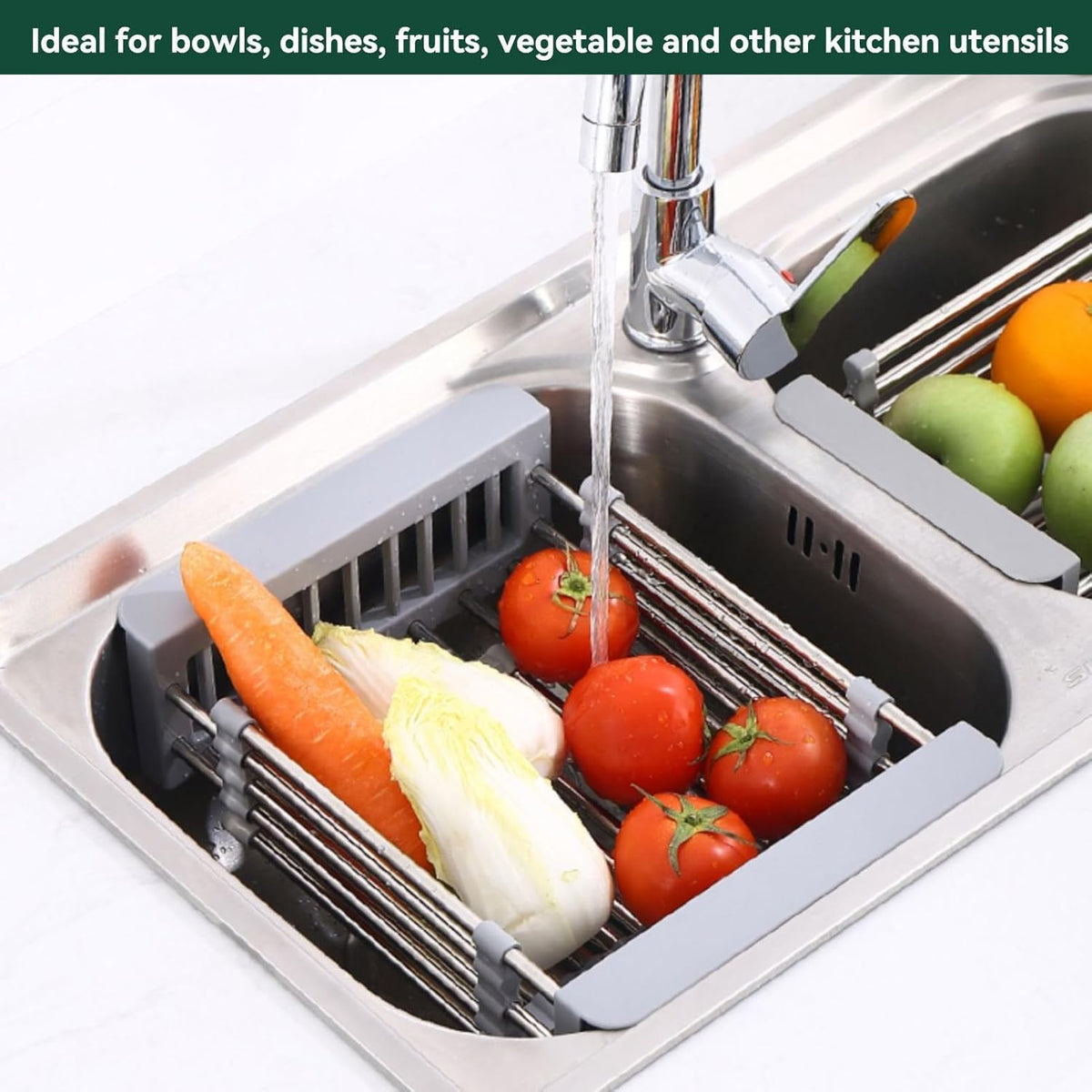 Cyrank Over The Sink Dish Drying Rack, Expandable Over Sink Grill Telescopic Drain Basket Kitchen Rack Drain Basket Sink Drying Rack(L#Grey)