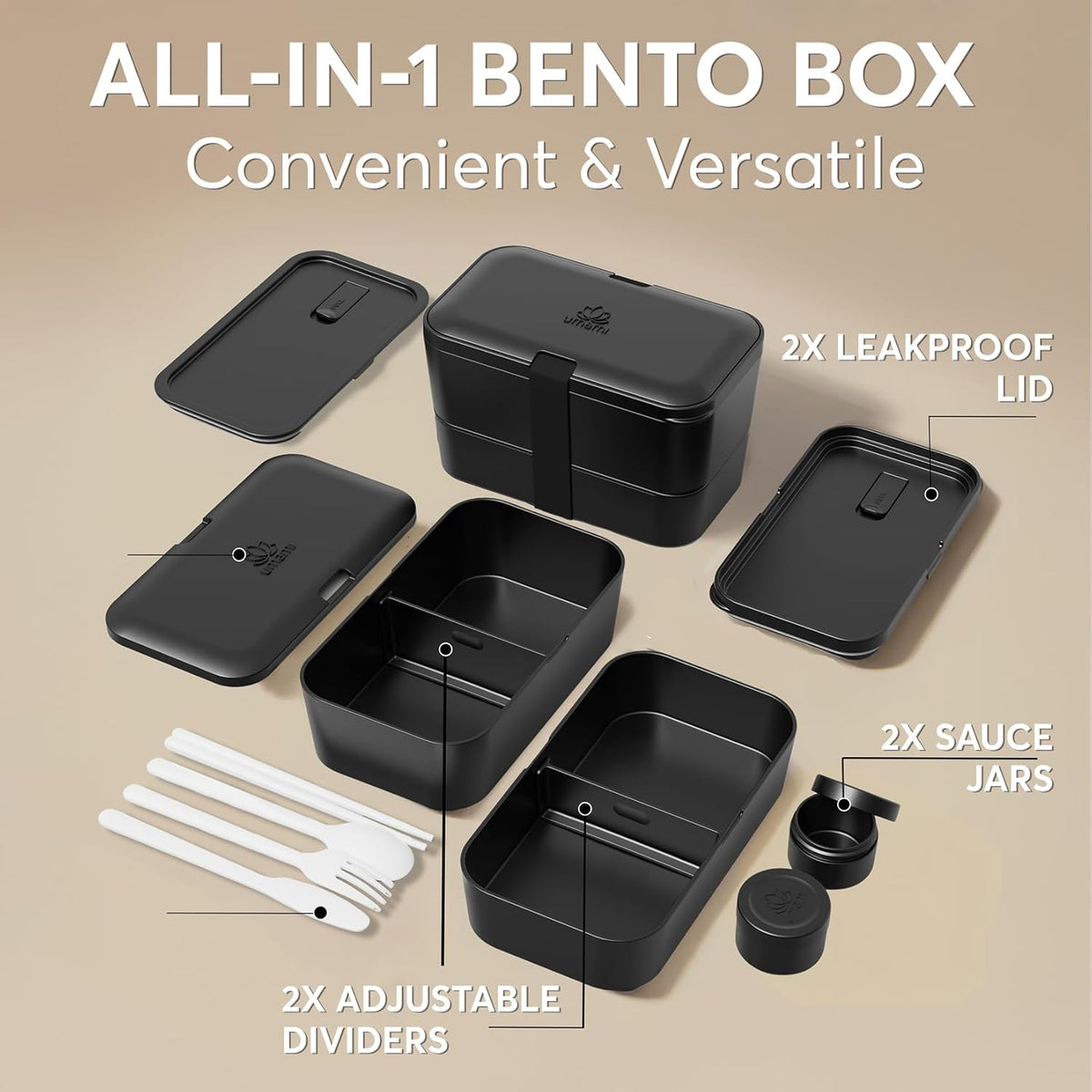 Umami Bento Box w/ 4 Utensils, 2 Sauce Jars, Nestable Space-Saving Lunch Box Containers, 100% Leakproof, Microwavable Lunch Containers for Adults, Design Award Winner, Onyx Black, 50 oz